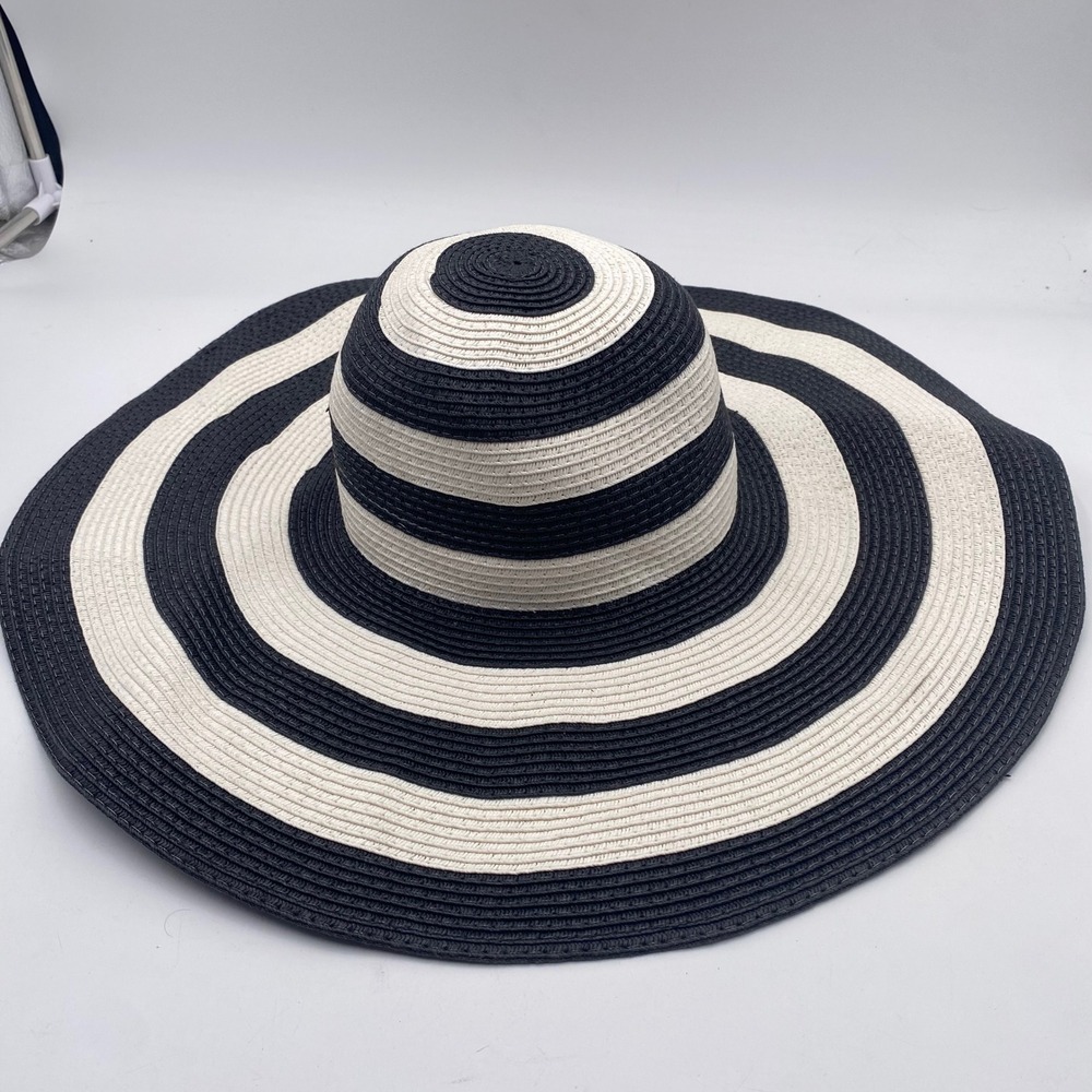 Shade & Shore Wide Brim Floppy Sun Hat Womens One Size Black White Striped Straw